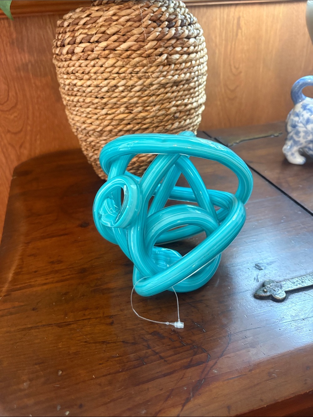 Teal Glass Knot Sculpture Decorative Accent